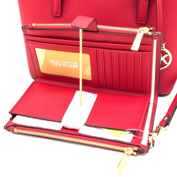 Michael Kors Jet Set Travel Extra-Small Top Zip Tote Bag & Double Zip Wallet Red - Picture 10 of 11